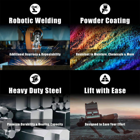 Image showing robotic welding, powder coating with colors, heavy duty steel, and lifting equipment highlighting durability and ease.