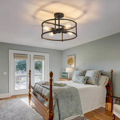 Industrial Semi Flush Mount Ceiling Light Four Light Rustic Metal Fixture In Matte Black For Kitchen Island Dining Room Hallway Entryway And Living Areas Farmhouse Chandelier With Industrial Vibe installed in bedroom