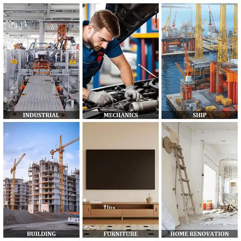Collage of various industrial themes including machinery, mechanic work, shipbuilding, construction, furniture, and home renovation.
