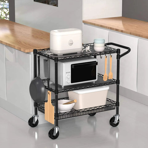 Heavy Duty Rolling Cart With Wheels For Commercial Kitchens And Food Service, 3 Tier Utility Cart, Industrial Metal Kitchen Trolley With Handle Bar And Shelf Liner, Black, Folews