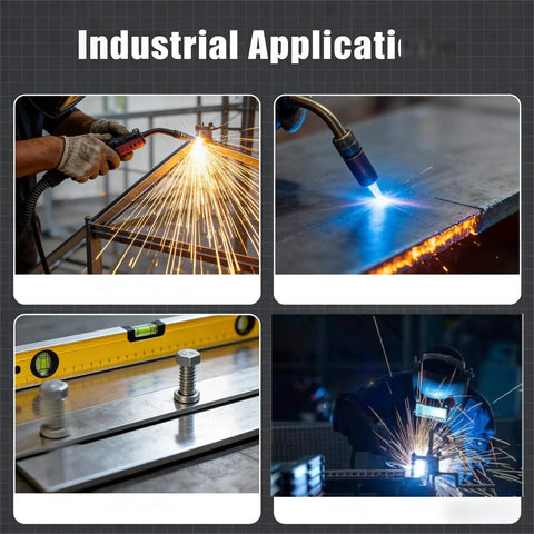 Collage of industrial applications, including welding and metal cutting, showcasing tools and techniques in a workshop setting.