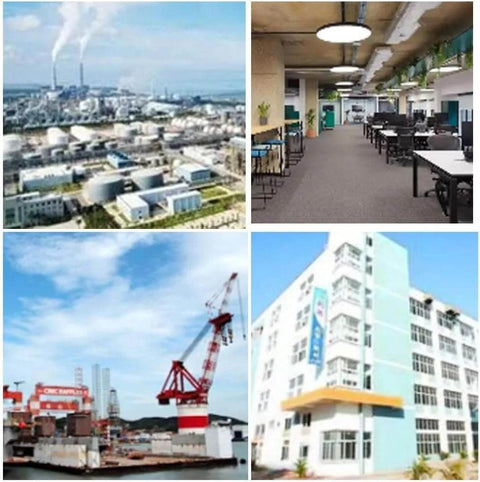 Collage of an industrial facility, modern office interior, shipyard with crane, and multi-story building