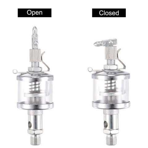 Industrial Oil Cup With Needle Valve Gravity Drip Feed Oiler, chrome-plated, showing open and closed positions