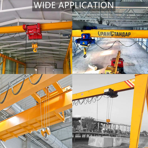 Various industrial overhead cranes in use for lifting heavy loads in warehouses and construction sites.