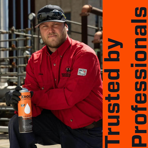 Kroil rust-penetrating lubricant spray can, 8 oz, orange label, held by worker in red shirt.
