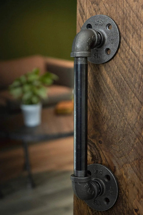 Industrial Pipe Decor Barn Door Handle 8 Inch With Authentic Steel Grey Iron Fittings Flanges And Pipes for wooden door