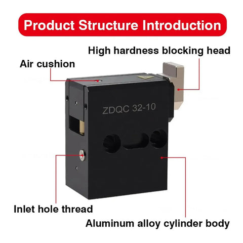 Pipe Blocking Cylinder ZDQC32-10 with buffer, aluminum alloy body, air cushion, and hard blocking head, shown in structure view