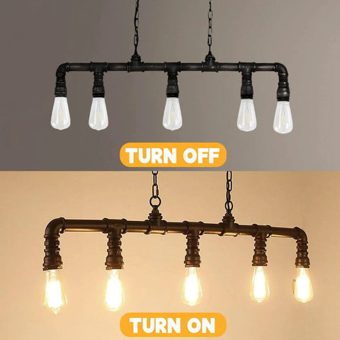 Rustic Industrial Tube Pipe Chandelier With Five Light Edison Style Steampunk Pendant Light Fixture, off and on view