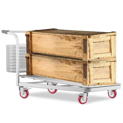 Heavy Duty Swivel and Rigid Caster Wheels with Brakes on trolley loaded with wooden crates, Industrial Polyurethane Casters for Furniture and Carts
