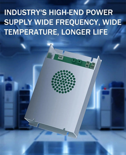 Silver industrial power supply in a tech environment with text promoting wide frequency and temperature performance.