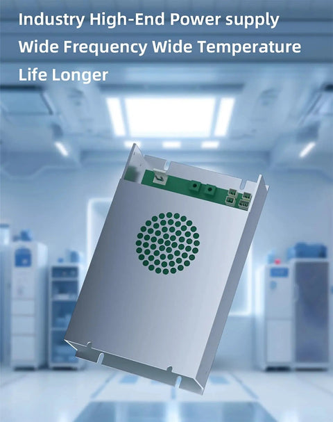 Industrial power supply unit in a lab setting, emphasizing wide frequency and temperature versatility for extended lifespan.