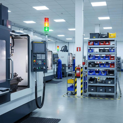 Industrial production line with Three Stack LED Andon Tower Signal Light with built-in buzzer, red yellow green indicators visible