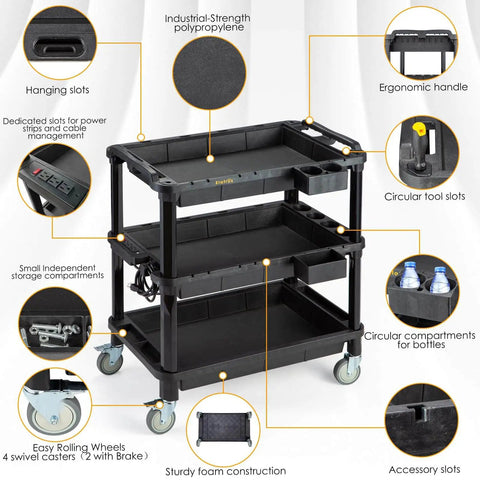 Multi Use Rolling Cart With Power Strip For Heavy Duty Workhorse Style Setups In Shops, Industrial Grade Plastic Utility Cart with labeled features
