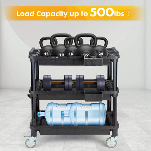 Multi Use Rolling Cart With Power Strip For Heavy Duty Workhorse Style Setups In Shops, Industrial Grade Plastic Utility Cart With 3 Deep Shelves, 500 Lb Capacity, 32.4 x 18.3 Inches, Black loaded with gym weights and water container