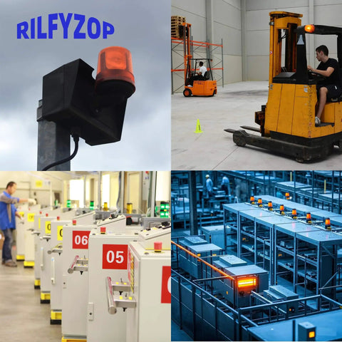 Collage of industrial signal tower light, forklift in warehouse, control panels, and automated storage system with LED alerts.