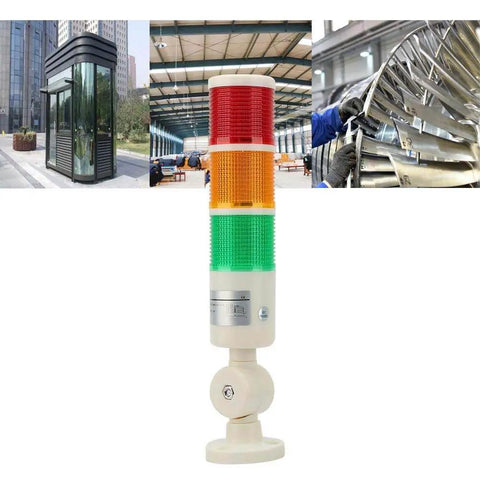 24V Industrial Tower Safety Stack Light with Ultra Bright LED Indicators, Multilayer Foldable Design, Built In Buzzer Up To 85dB shown in a factory setting