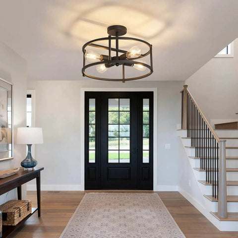 Industrial Semi Flush Mount Ceiling Light Four Light Rustic Metal Fixture In Matte Black in entryway.