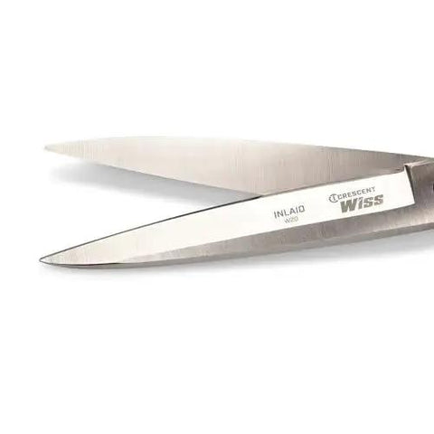 Close-up of blades from 10 Inch Bent Handle Industrial Shears for Heavy Duty Cutting of Upholstery, Carpet, and Drapery Materials.