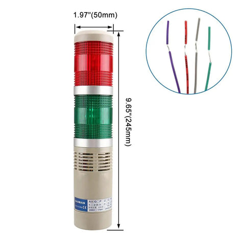No Nonsense Industrial Signal Light Tower With Red And Green LED Indicators And Buzzer, Continuous Light, 24V DC, LTA-502TJ, Baomain