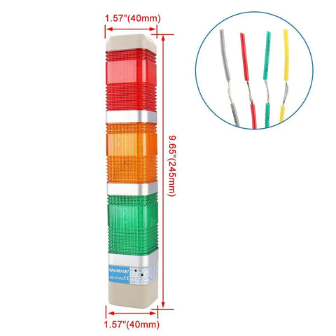 Industrial Signal Light Tower LED Indicator With Red Green Yellow LEDs 24V DC 2W LTA 402T Square Column Warning Light For Machinery Continuous Light Built Tough Metal Plastic Housing Mounting Bracket Included Baomain, front view with dimensions.