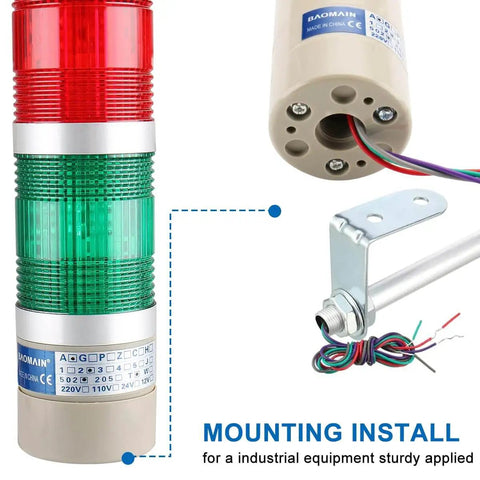 Industrial Signal Light Tower LED LTA 502T Round Indicator with red and green light, DC 24V 2W, includes mounting bracket