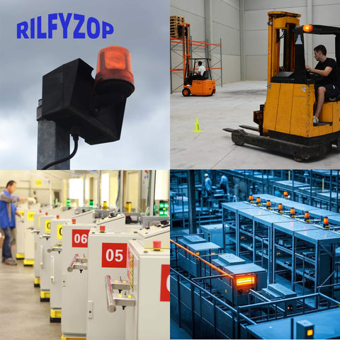 Industrial Signal Tower Light with Red Green and Yellow LED Indicators in Factory with Forklift and Equipment Rilfyzop T50 2WJB