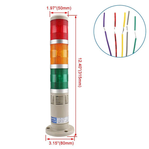 Industrial Signal Tower Light Kit 24V DC with red green yellow indicator lamps and built-in buzzer alarm, Model LTP 502TJ Baomain