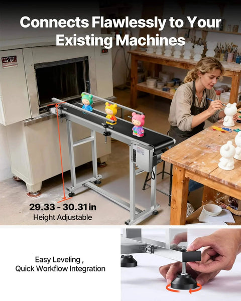 Industrial PVC Belt Conveyor 47 Inch By Seven Point Eight Inch In Corrosion Resistant Stainless Steel With 110 Volt Electric Adjustable Speed And Double Guardrail shown in action