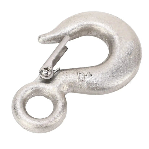Close-up of stainless steel lifting hook with safety latch for heavy-duty hoist use.