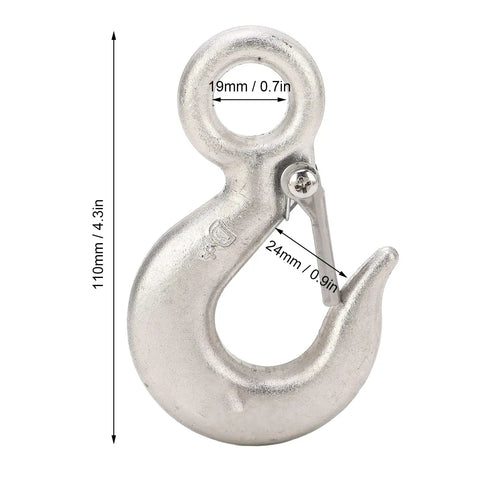 Front view of Adfaga 1-ton heavy-duty lifting hook in stainless steel S304, 110 mm long with 19 mm ring.