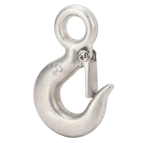 Close-up front view of a 1-ton stainless steel lifting hook with safety latch, 110mm long