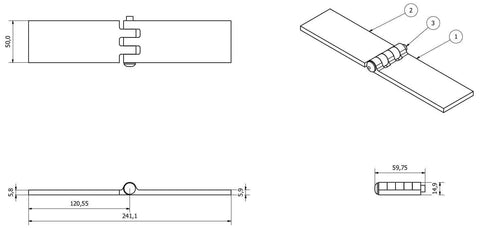 Technical drawing of Industrial Steel Butt Hinge, Extra Heavy Duty, 5mm Thick, 270 Degree Opening, Gray, with dimensions and details.