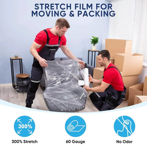 Two movers using Industrial Strength Stretch Film Roll 1000ft 15 Inch Wide Clear Plastic Wrap With Handles for chair wrapping