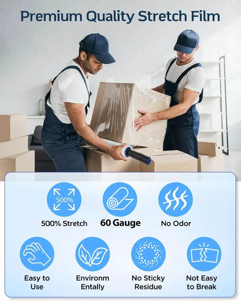 Two men using Heavy Duty Stretch Wrap Film 15 Inch By 1000 Feet 60 Gauge Pallet Wrap Clear Plastic with handles for moving boxes