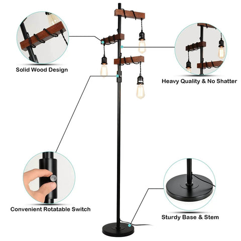 Industrial Floor Lamp With Three Heads Tree Style Design, 68 Inch Tall Wooden Standing Lamp, sturdy base vintage black metal pole