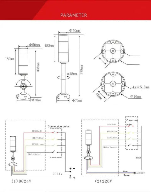 Technical diagram of Industrial LED Tower Light With 3W Indicator And 110 To 220V AC Buzzer Alarm, 1 Layer, high brightness.