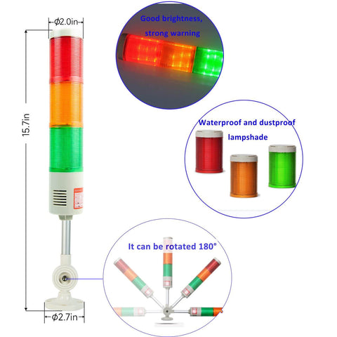 Industrial Warning Tower Light Stack For High Visibility Safety Signals Red Yellow Green LED Strobe Andon Lights DC24V Waterproof And Dustproof Tower With 3 Layer LEDs And 50000 Plus Hours Life No Sound YASONG LTA-505W shown with dimensions and rotating feature.