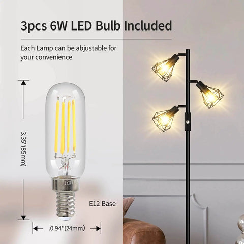 Industrial Tree Floor Lamp With Three Diamond Head Lights 1200 Lumen Edison LED Bulbs 3 Way Rotary Switch Modern Farmhouse Standing Lamp