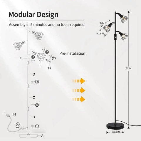 Diagram showing assembly of Industrial Tree Floor Lamp With Three Diamond Head Lights 1200 Lumen Edison LED Bulbs 3 Way Rotary Switch