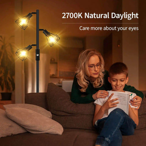 Industrial Tree Floor Lamp With Three Diamond Head Lights 1200 Lumen Edison LED Bulbs 3 Way Rotary Switch Modern Farmhouse Standing Lamp For Living Room Bedroom Office Dining Area With A Cozy Vibe in a living room setting