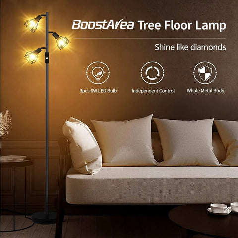 Industrial Tree Floor Lamp With Three Diamond Head Lights 1200 Lumen Edison LED Bulbs 3 Way Rotary Switch Modern Farmhouse Standing Lamp For Living Room Bedroom Office Dining Area With A Cozy Vibe in living room setting