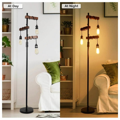 Industrial Floor Lamp With Three Heads Tree Style Design, 68 Inch Tall Wooden Standing Lamp, Sturdy Base Vintage Black Metal Pole