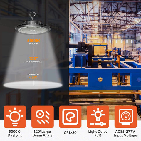 200W LED High Bay Light UFO Industrial Fixture Killer Brightness 28,000 LM, 110-277V, in warehouse, diagram view.