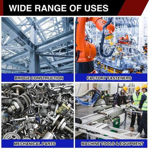 Image showing various industrial applications: bridge construction, factory fasteners, mechanical parts, machine tools and equipment.