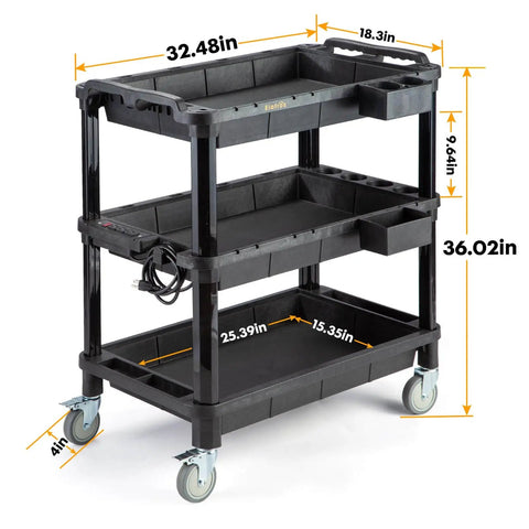 Multi Use Rolling Cart With Power Strip For Heavy Duty Workhorse Style Setups In Shops, Industrial Grade Plastic Utility Cart With 3 Deep Shelves, 500 Lb Capacity, 32.4 X 18.3 Inches, Black