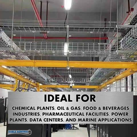 Industrial setup with stainless steel wire mesh cable trays and strengthening bar couplers for cable management in data centers.