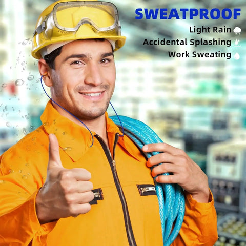 Man wearing Noise Canceling Wireless Neckband Earbuds For Work And Industrial Safety, giving thumbs up in waterproof gear