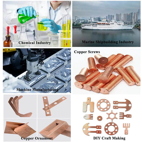 Collage of industries: chemical, shipbuilding, manufacturing, and DIY with copper products including screws, ornaments, and crafting shapes.