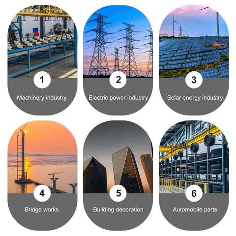 Collage showing machinery, electric power lines, solar panels, bridge construction, modern architecture, and automotive parts.