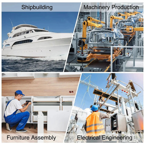 Collage of shipbuilding, machinery production, furniture assembly, and electrical engineering scenes